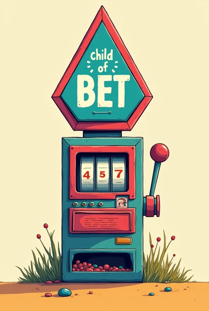 a triangle, On top of that it says "CHILD OF BET" in white. head on, a LARGE cartoon-type triangular slot machine