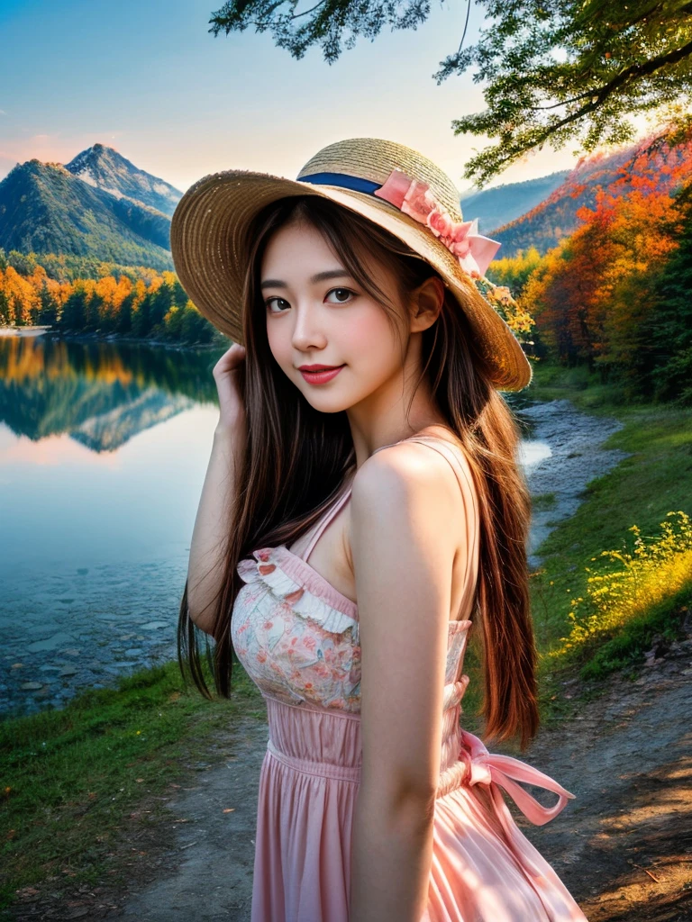 ((tmasterpiece:1.4, best qualtiy,Faraway view:1.4)), (ultra - detailed)+,(watercolor paiting:1.2),((Cute 1girl,Straw hat,blossoms,Light cyan hair,long whitr hair,Aqua blue eyes,medium breasts,full body, Keep your mouth shut,Smiling,(Pink China Goddess Fashion:1.3),Shoulders exposed,Bow knot,Side angle)),Autumn landscape,The leaves are yellow,maple trees,eventide,riverbank,lake reflection,The sky is full of color,Orange-red sunset,The afterglow diverges,Big Mountain,Far Mountain,contours,Scenic beauty,(Warm light source:1.2), (the woods,Bare branches:1.2)(Very detailed CG unification,8k wallpaper),(The best picture quality),(illustratio:1.0)、intricately details, Epic composition、Realistic lighting、high definition detail、(Beautiful wildlife and natural wonders,With glowing lights)
