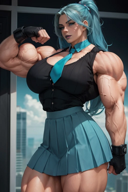 ((Close-up)), tall, (cyan blue hair) beautiful muscular woman, long beachy hair, pale white skinned, closed smile, (black lipstick), (massive muscles), (hyper muscle), (ginormous bulky muscles), purple eyes, (((sleeveless cyan pleated shirt))), ((long black pleated skirt)), (fingerless gloves), necktie, boots, (flexing bicep), on a skyscraper,