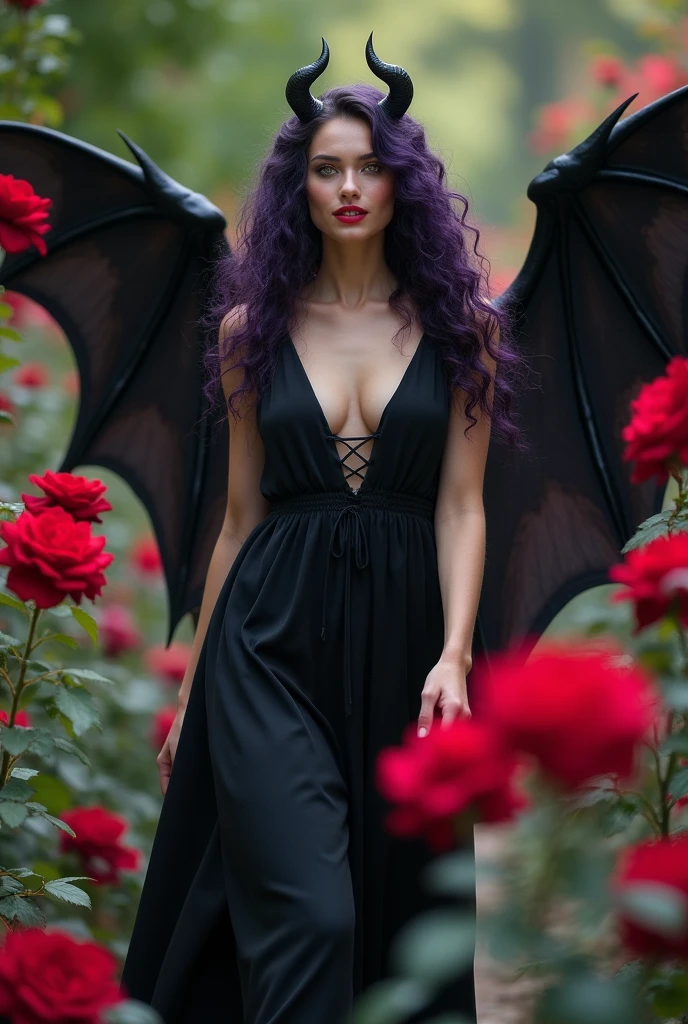 a photo: of a 2 woman, long dark purple curly hair with two tiny black horns surrounding a sweet face with bright yellow eyes filled with joy. two giant black demon wings protrude from his back . she wears a black dress. she walks in a rose garden