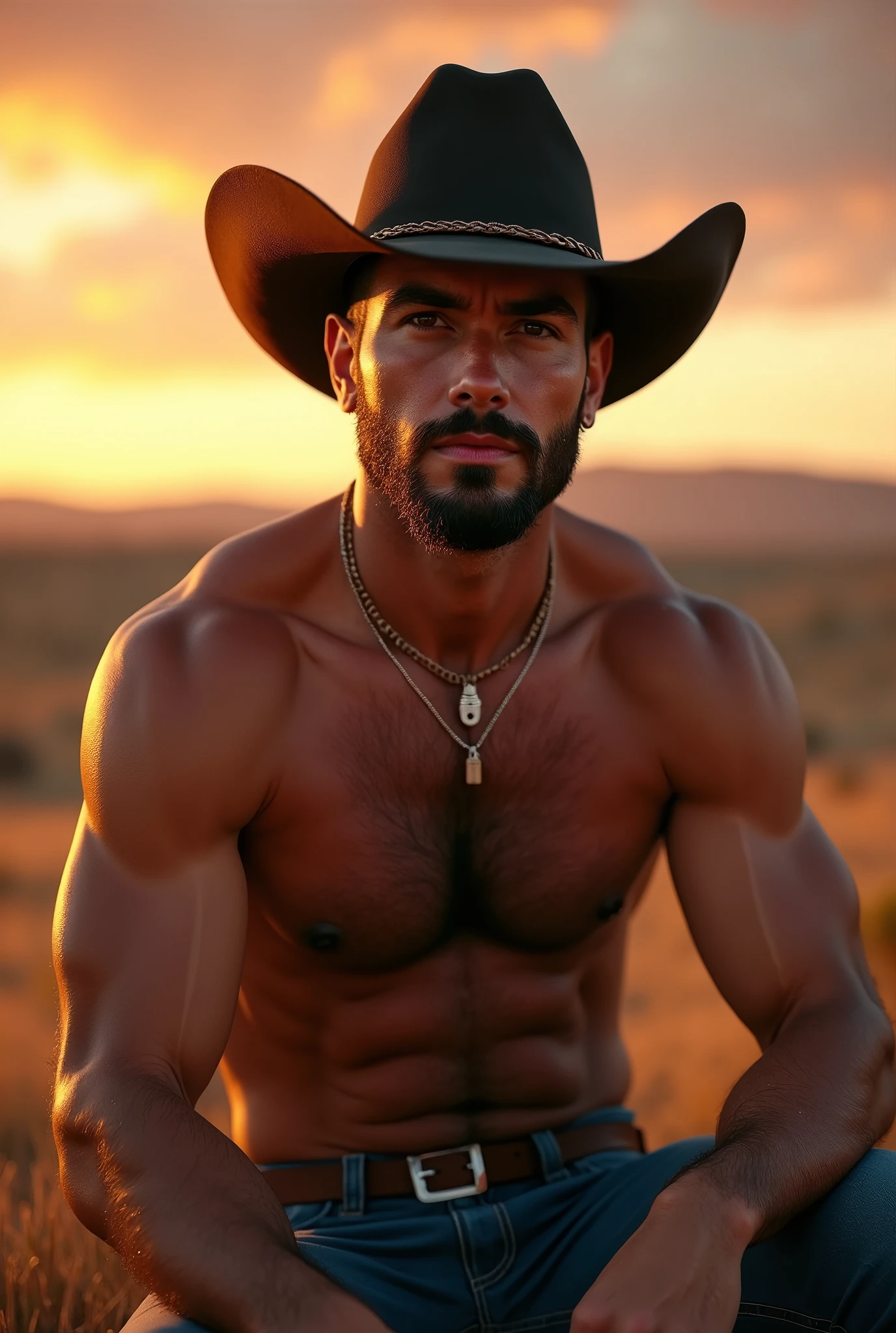 a handsome Hairy Chest cowboy man sitting shirtless on his ranch, extremely detailed facial features, beautiful eyes, detailed lips, chiseled muscular body, ranch landscape, sunset sky, golden hour lighting, cinematic composition, photorealistic, (best quality,4k,8k,highres,masterpiece:1.2),ultra-detailed,(realistic,photorealistic,photo-realistic:1.37)