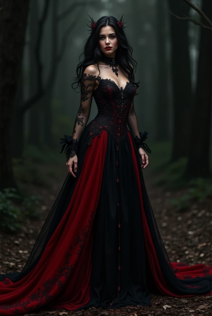 Generate a girl with a face of Madison beer in a long black and red gothic dress