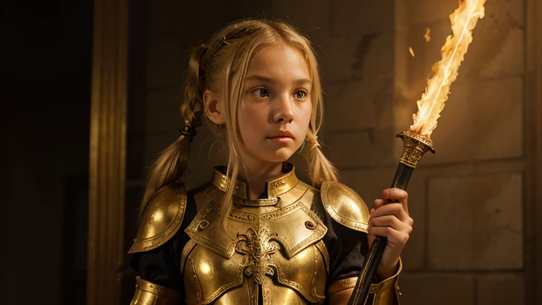 eleven year old blonde girl, with pigtails, dressed in golden armor, with sword in raised hand, look at a fire-breathing dragon