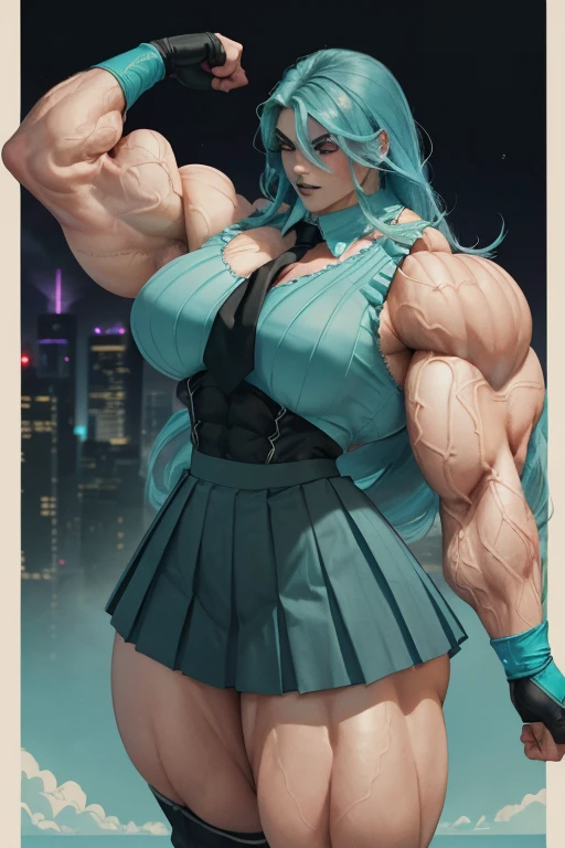 ((Close-up)), tall, (cyan hair) beautiful muscular woman, long beachy hair, pale white skinned, closed smile, (black lipstick), (massive muscles), (hyper muscle), (ginormous bulky muscles), purple eyes, (((sleeveless cyan pleated shirt))), ((long black pleated skirt)), (fingerless gloves), necktie, boots, on a skyscraper,