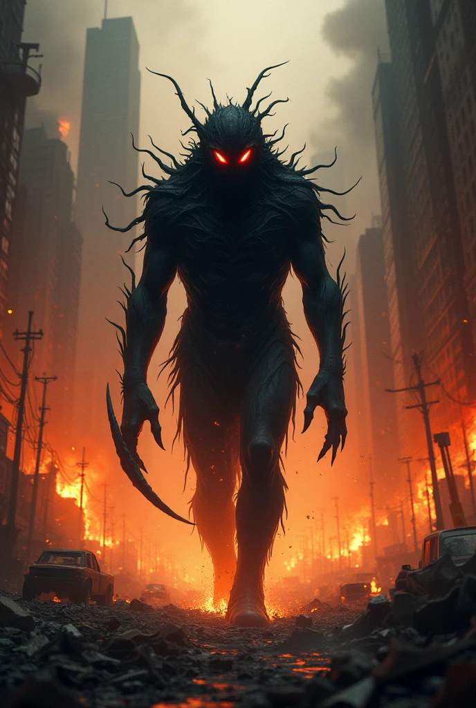A pitch black human like creature
with red eyes in a burning
city