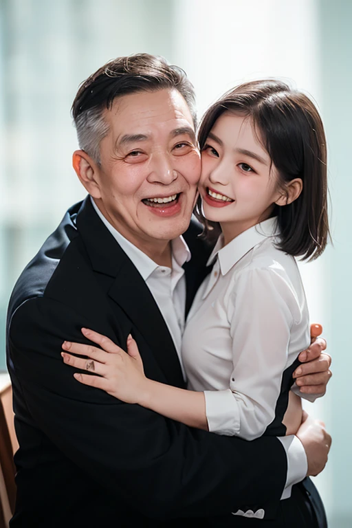 (((70 years old korean ugly man and 1 korean young girl couple))), {1 korean girl, 20-year-old, strikingly beautiful, black hair, big breasts, delicate facial features, red lips, expressive eyes, brightly smile, eyes hook the soul seduces you, sitting on the chair, ((girl wearing business suit ))}, (((70 years old korean man wearing business suit))), (((((70 years old korean man hug on young girl's chest and laughing)))), (young girl kiss old man), focus on 70 years old korean man, (koraoke roomsalon background:1.5),(((Blur the background:1.5))),