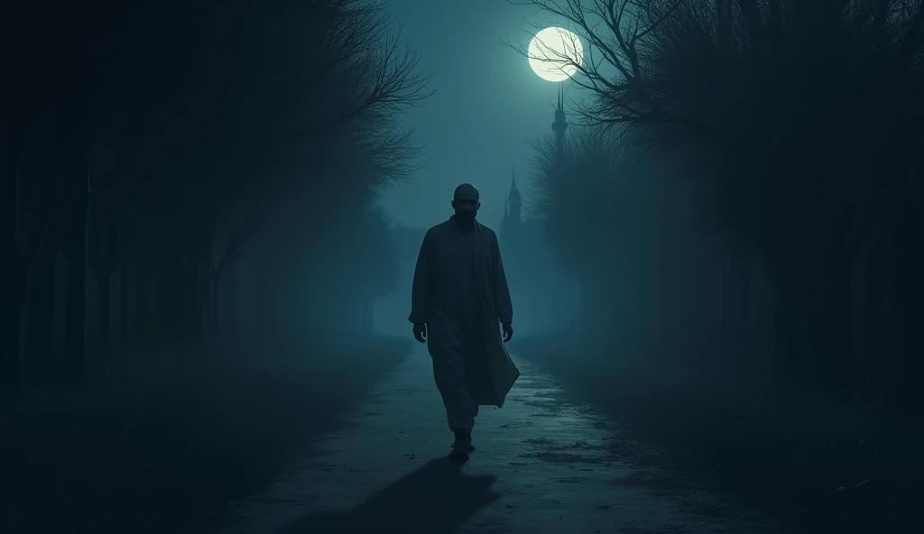 (Islamic horror story title : Shadows in the third part of the night)

Scene 2: Hassan Walks Towards the Mosque**

- **Setting and Atmosphere**: A picture of a dark path, lit only by the dim moonlight. The quiet atmosphere of the night should be reflected by the sound of crickets and the night wind that can be felt..
  
- **Main Characters**: Hassan who walked alone with a calm face. Make sure the moonlight shines on it from the side or behind., giving a soft shadow.