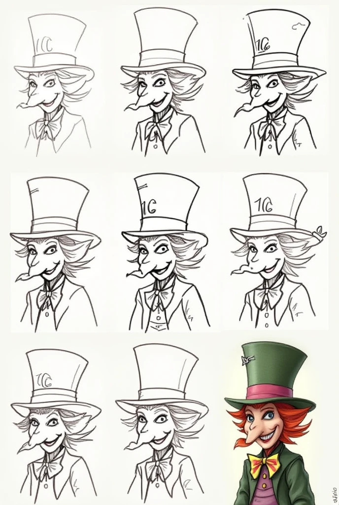  “Create a 12-panel storyboard depicting the process of drawing the Mad Hatter from Lewis Carroll’s Alice’s Adventures in Wonderland. Each panel should show a different stage of development, starting from a rough sketch in the first panel, gradually adding details, shading, and colors, until reaching the final, fully rendered image in the last panel. The Mad Hatter should be depicted in his iconic attire, including a tall top hat with a card reading ‘10/6’, a bow tie, and an eccentric, mischievous expression. The background should be simple to focus on the character development.”