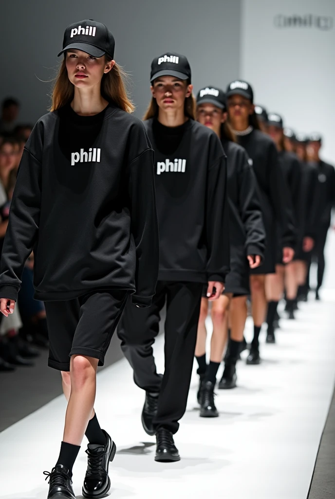 create a streetwear fashion show, put black and white models women and men parading with oversized shirts and shorts and pants and caps that say PHILL