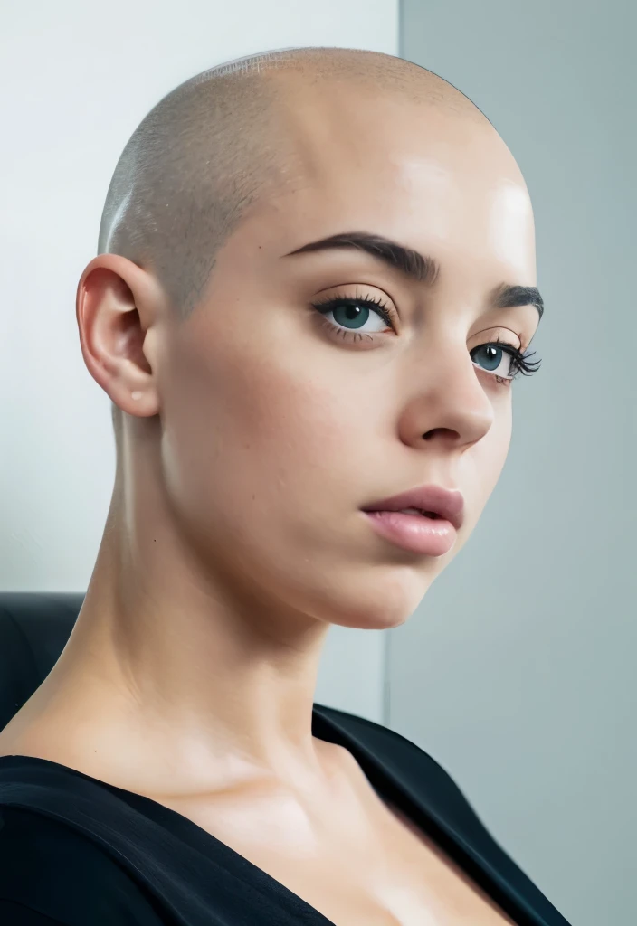 Passport style photo facing forward, Brightly lit front facing Bald Billie eilish Attractive female woman front view, front view focus on face, portrait , face portrait close up, facing the viewer, maintains eye contact, close-up, bald beauty, face centered, symmetrical face, beautiful lips, white skinned sexy griffon female griffon alien no hair her head, with a sexy knock out body, large saggy tits, (Her face is gorgeous), Her skin is smooth, moist, and glossy, perky sharp ears, clean lines, photoshoot, no background, sexual soft skin, sexy extraterrestrials,she has plump juicy lips,