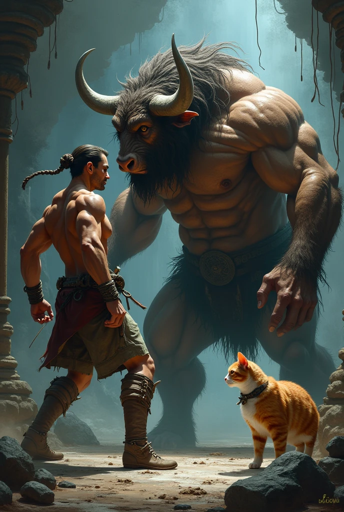a guy whit a cat and a minotaure fight