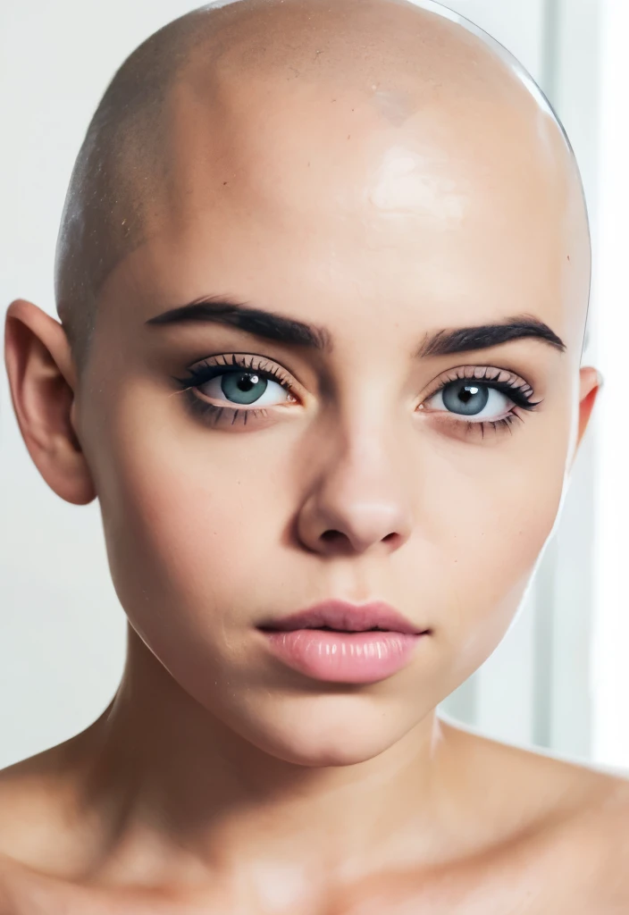 Passport style photo facing forward, Brightly lit front facing Bald Billie eilish Attractive female woman front view, front view focus on face, portrait , face portrait close up, facing the viewer, maintains eye contact, close-up, bald beauty, face centered, symmetrical face, beautiful lips, white skinned sexy griffon female griffon alien no hair her head, with a sexy knock out body, large saggy tits, (Her face is gorgeous), Her skin is smooth, moist, and glossy, perky sharp ears, clean lines, photoshoot, no background, sexual soft skin, sexy extraterrestrials,she has plump juicy lips,