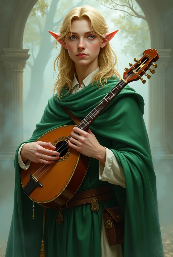 Blonde elf shoulder length hair with green cape. blue eyes. He has a mandolin.