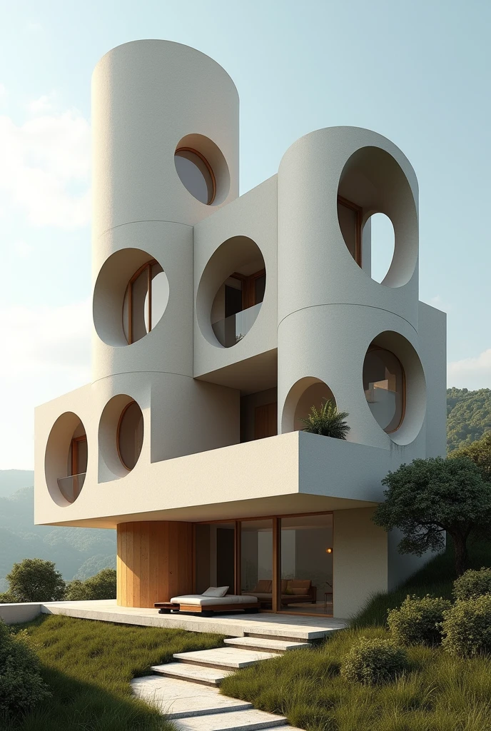 House shaped like 3 different geometric cylinder shapes, square and rectangle