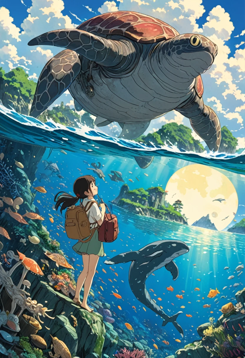 Studio Ghibli-style anime movies, Movie stills, Highest quality, masterpiece, Representative works, Official Art, Professional, Super intricate details, 8k, Fantasy,Sea creatures