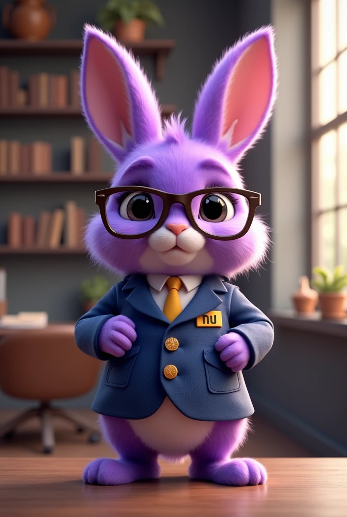 A male purple rabbit who has a NU on his costume and he is a smart banker who has a cute appearance and has glasses.