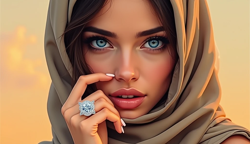 A photo of a digital painting of a woman with a striking blue eye and elegant lips. She is wearing a silk headscarf and a geometricdiamond ring. The background is a harmonious mix of muted colors, mostly light orange and yellow, which contrasts with her lively facial features. This artwork is a masterful piece in the fields of painting, and illustration.Less
