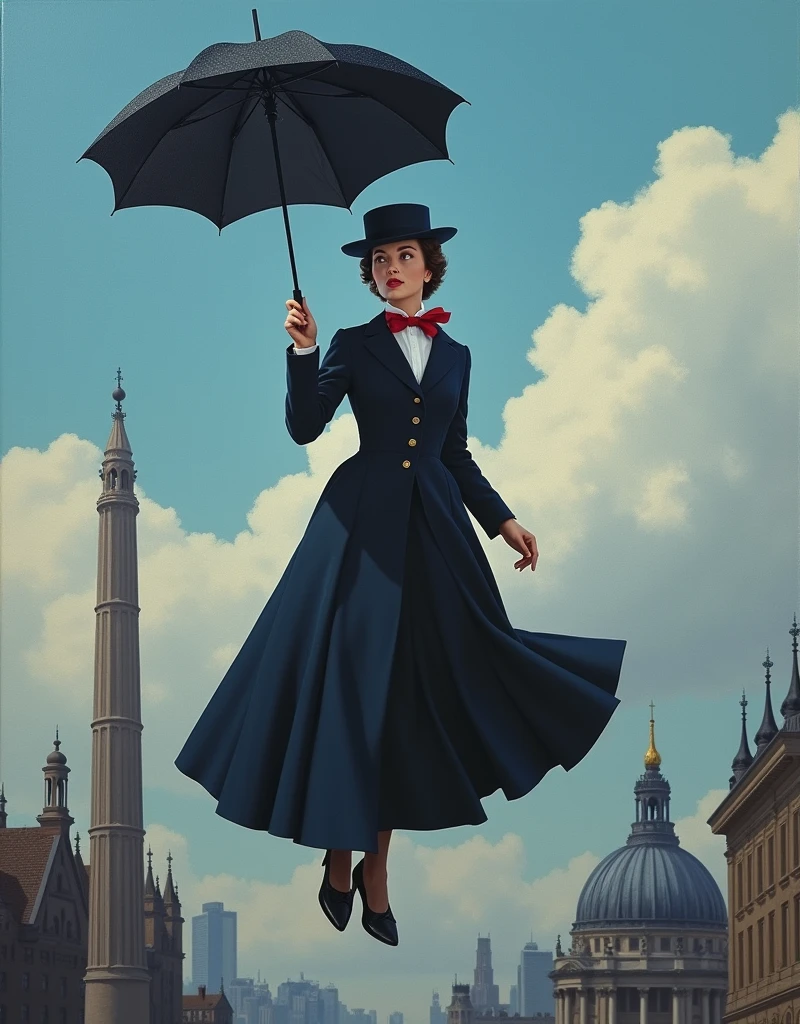 Cinematic Picture of The enigmatic magical nany [Mary Poppins:Julie Andrews:0.1] with her black umbrella she's levitates in the sky, with London City scene in Background, insanely detailed and intricate, photo realistic oil on canvas, Fon Lawrence style with Dtidio Ghibli Aesthetic,  detailed face