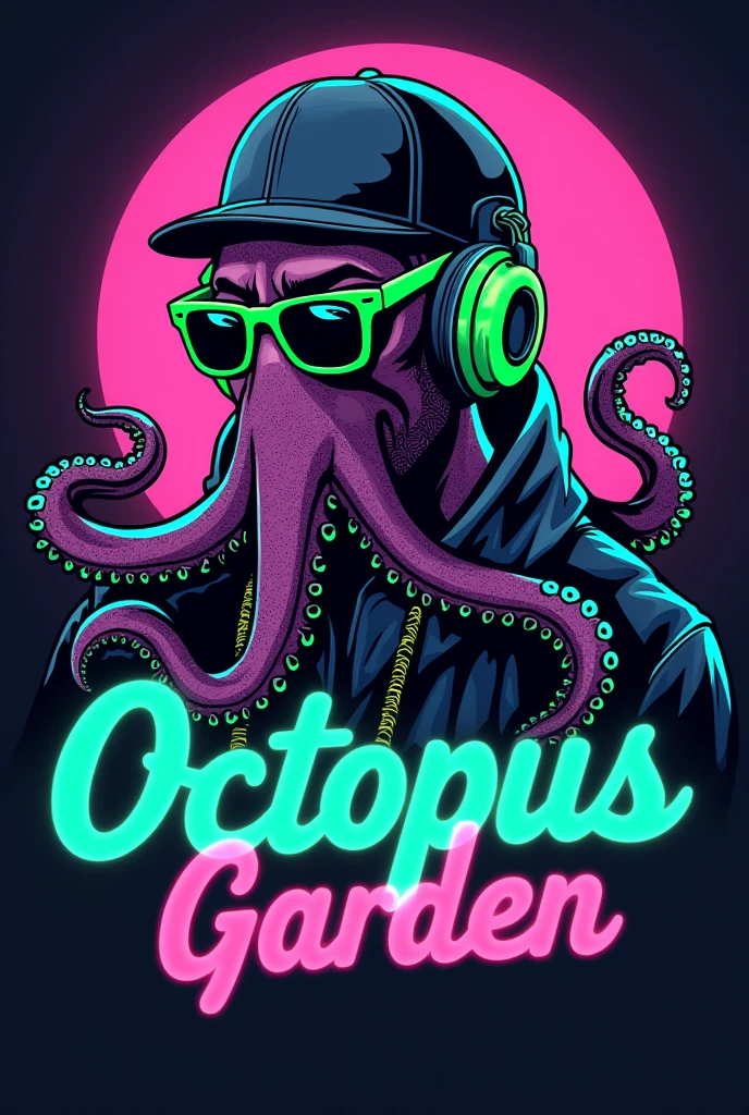 vector rounded logo of a octopus male rapper with a high fashion wearing , add neon rayban, add barb, add green headphones, 2048k, octane render, use only next colors: purple , black ,blue on the image, high contrast and vivid cinematic colors add next rounded West Coast style text ¨OCTOPUS GARDEN  ¨ in a green neon letter, ready to be printed in a tshirt