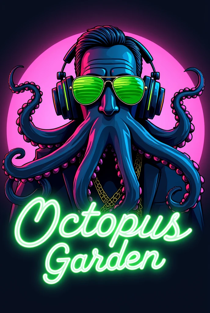 vector rounded logo of a octopus male rapper with a high fashion wearing , add neon rayban, add barb, add green headphones, 2048k, octane render, use only next colors: purple , black ,blue on the image, high contrast and vivid cinematic colors add next rounded West Coast style text ¨OCTOPUS GARDEN ¨ in a green neon letter, ready to be printed in a tshirt