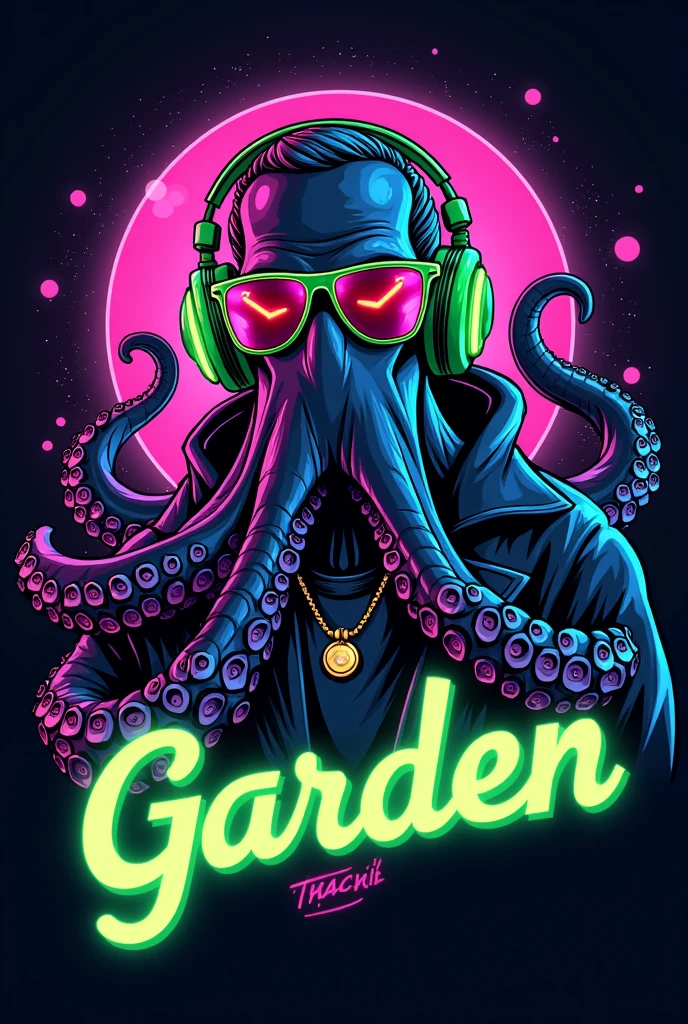 vector rounded logo of a octopus male rapper with a high fashion wearing , add neon rayban, add barb, add green headphones, 2048k, octane render, use only next colors: purple , black ,blue on the image, high contrast and vivid cinematic colors add next rounded West Coast style text ¨OCTOPUS GARDEN  ¨ in a green neon letter, ready to be printed in a tshirt