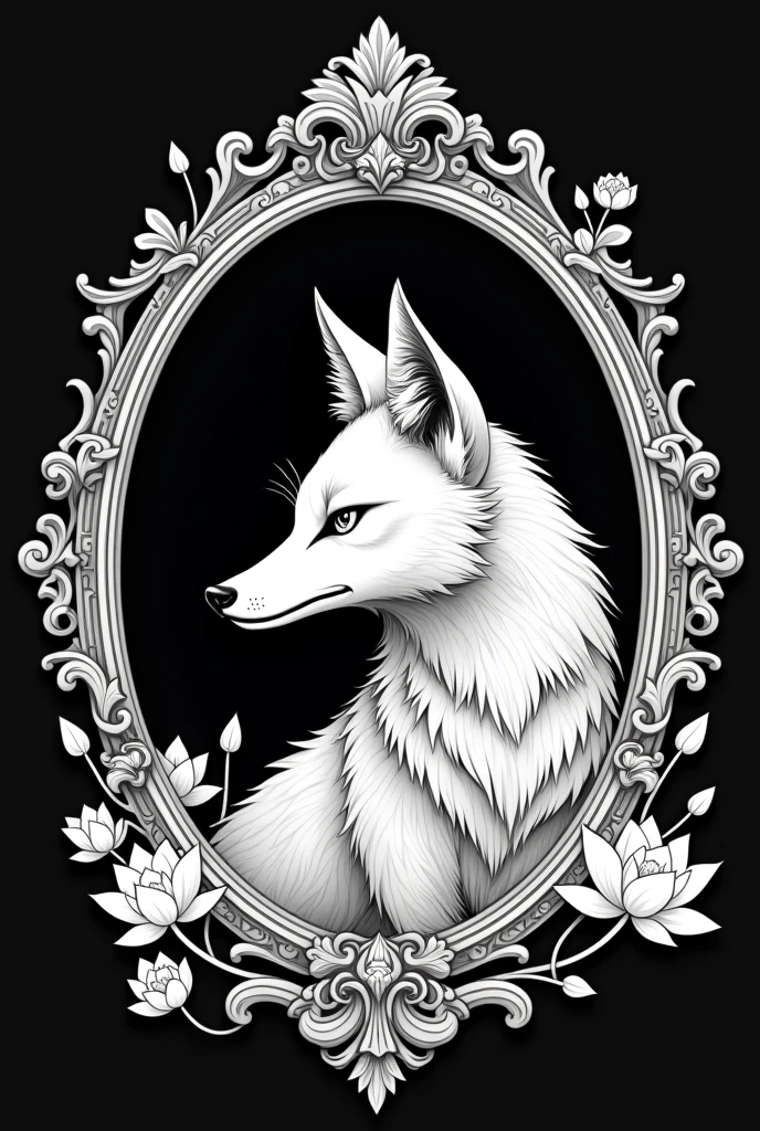 Profile of a fierce Japanese fox, imposing with royal features within an antique mirror frame, with oriental lotus flowers around the entire frame. In black and white with sensual lines
