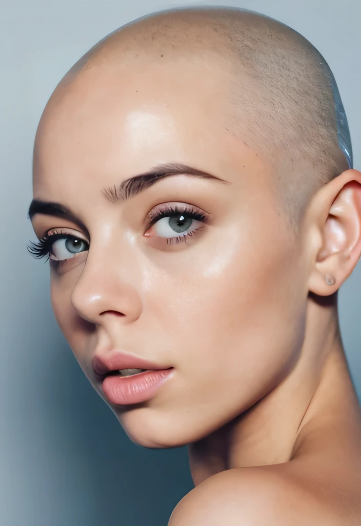 Passport style photo facing forward, Brightly lit front facing Bald Billie eilish Attractive female woman front view, front view focus on face, portrait , face portrait close up, facing the viewer, maintains eye contact, close-up, bald beauty, face centered, symmetrical face, beautiful lips, white skinned sexy griffon female griffon alien no hair her head, with a sexy knock out body, large saggy tits, (Her face is gorgeous), Her skin is smooth, moist, and glossy, perky sharp ears, clean lines, photoshoot, no background, sexual soft skin, sexy extraterrestrials,she has plump juicy lips,