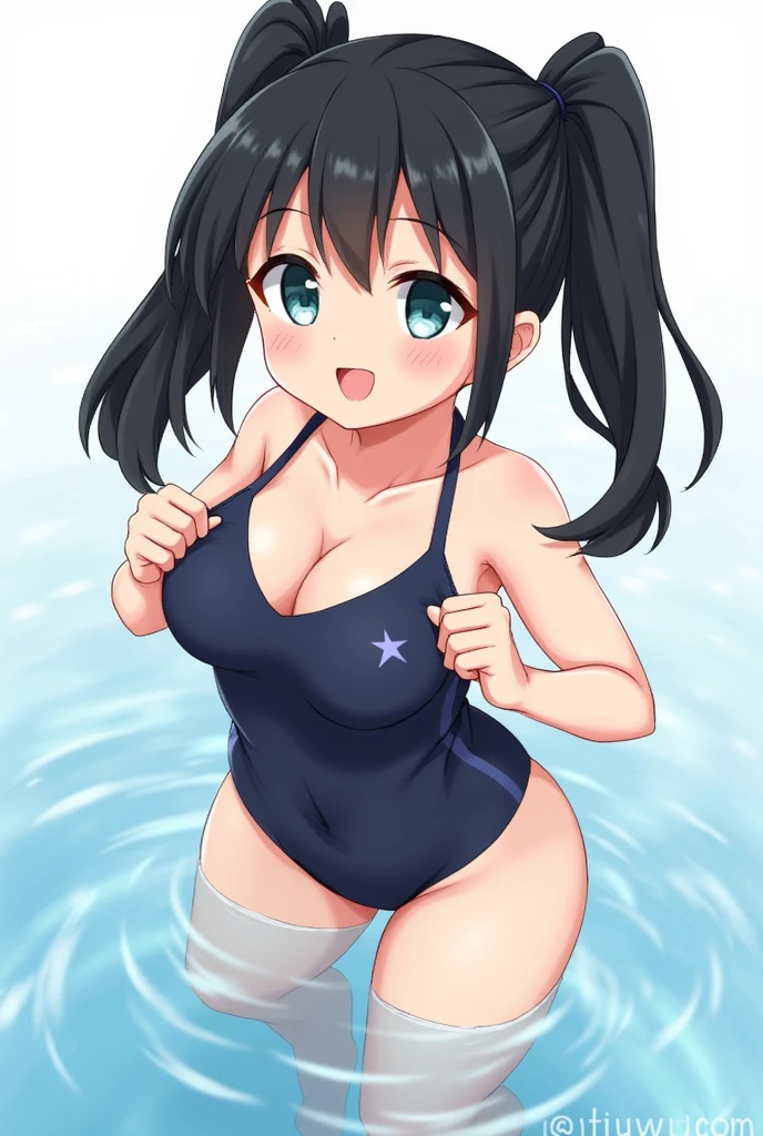 cute, girls, elementary school students, black hair, twin tails, dark blue school swimsuit, medium bust, smile, shiny skin, exposing breasts, nipple, show breasts, erotic, horny,