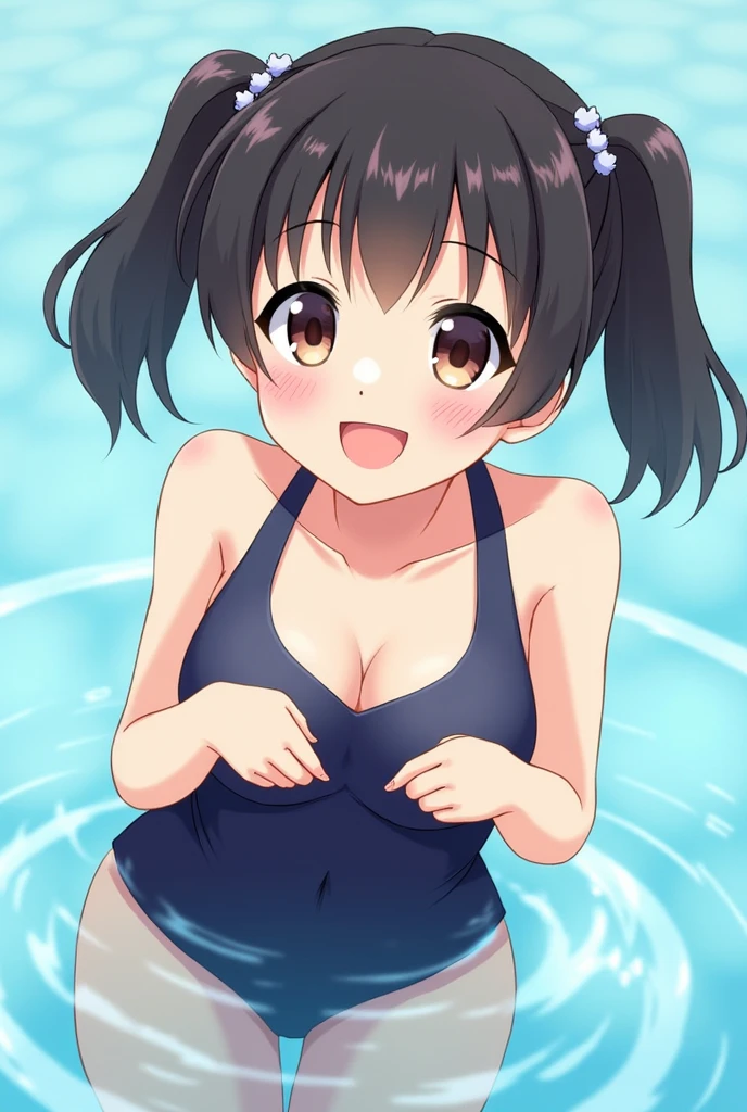 cute, girls, elementary school students, black hair, twin tails, dark blue school swimsuit, medium bust, smile, shiny skin, exposing breasts, nipple, show breasts, erotic, horny,