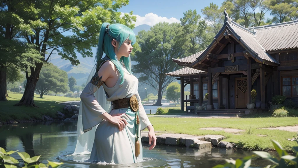 Highest quality、Transparent drawing、Girl standing in a Celtic castle by a lake。Celtic mythological priestess in long dress、House of Taiki、There are fairies flying around、