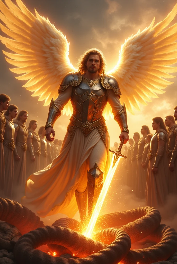The angel Michael with immense wings trampling on the head of the infernal serpent a sword of fire reflecting bright light and with an army of angels watching , dressed in imposing armor with a close-up capturing the harmonious beauty shining and the flames and natural lights, showing great power and glory