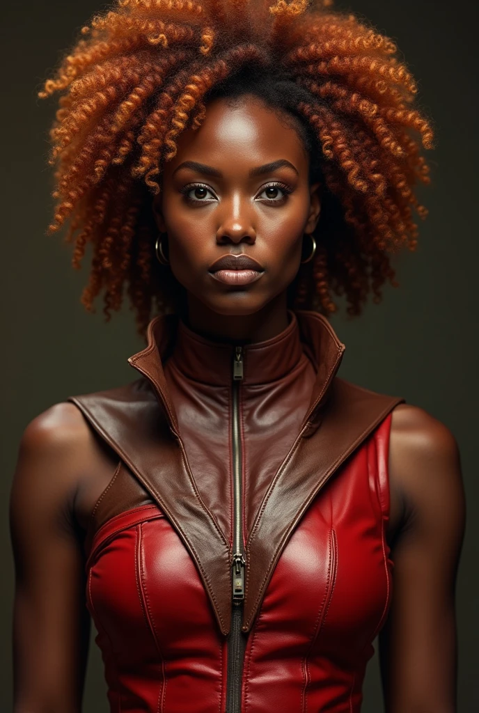 African woman,brown skin, gorgeous, reddish ginger curly afro, red and brown leather garment, warrior style,ultra high resolution, 8k, 3d