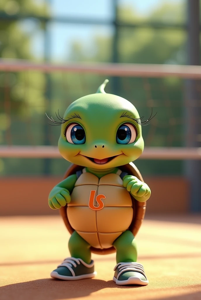 Waku, an adorable turtle with vibrant green skin and a rich brown shell, looks up with bright blue eyes that shine with excitement, as if celebrating a triumphant spike, stands on a modern indoor volleyball court, with a volleyball in his hands ready for volleyball training, wearing a small tank top with a stylized orange "LS" logo on the chest, his tiny tennis shoes laced up and ready for the On the next service, a few strands of hair soaked with sweat They stick to your forehead, capturing the essence of your joyful and competitive spirit, with soft, warm lighting that casts a comforting glow on the overall scene.