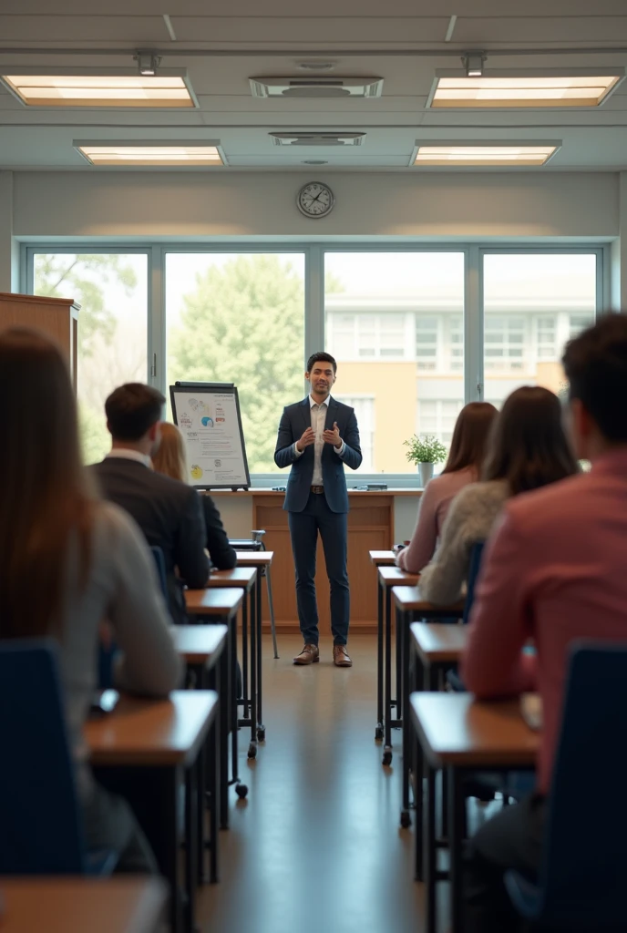 Create a realistic photo of a classroom where they are teaching the course on speaking well in public