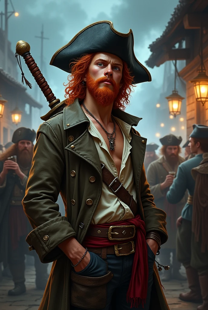 Red haired pirate, DnD world. Young pirate with long curly red hair, a short red beard and a small scar on his nose. He’s wearing an old pirate trench cot, with an half ooen shirt under it. On his trousers he had a belt and a red band. On his head an old ruinedblack pirate hat. He’s having fun with many other sailor at the pub, there’s a storm in the background and a pirate city. He has two ??????? sword on his back.  