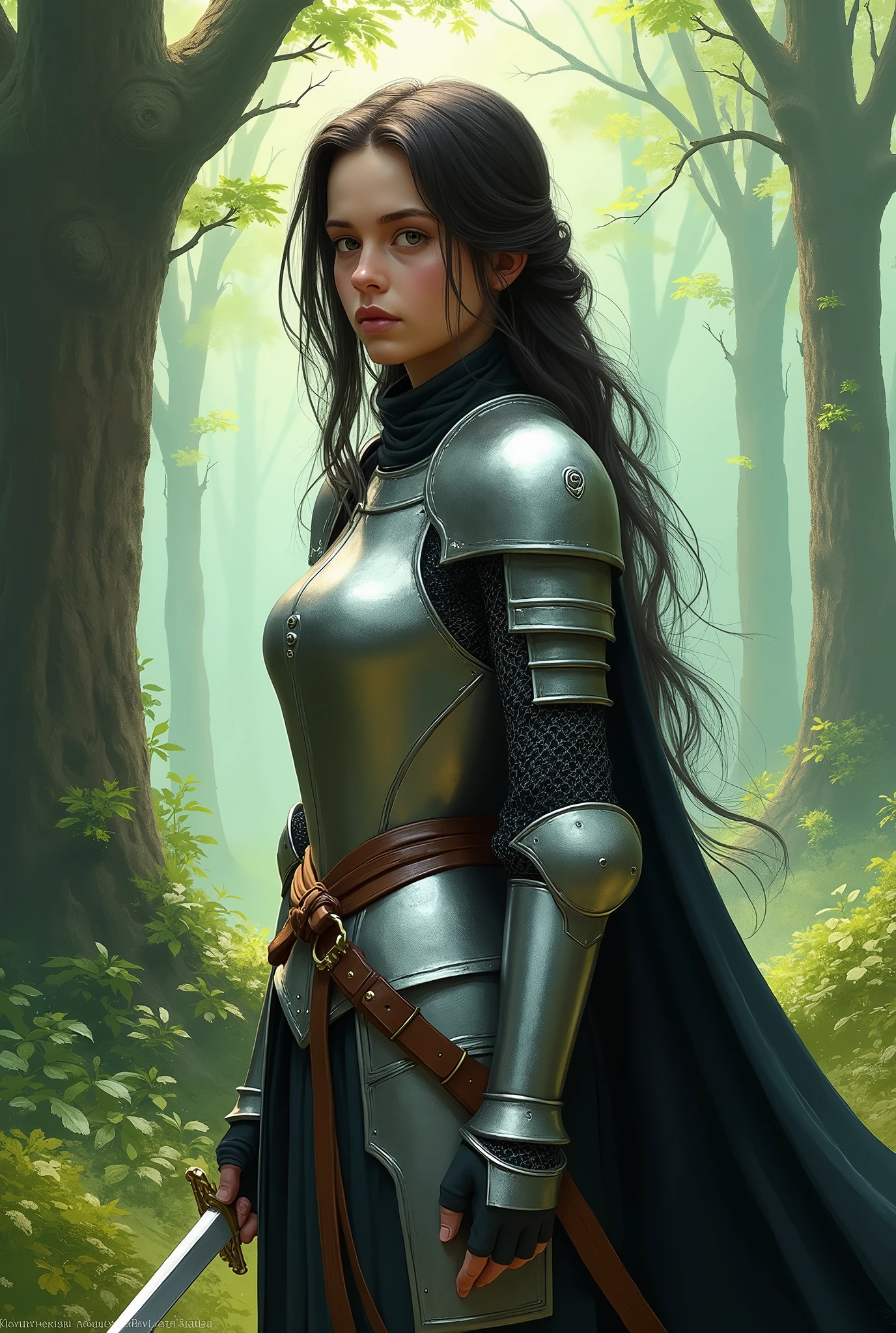 /imagine prompt: A digital painting of the young female warrior, standing tall in her silver armor, gazing into the distance with her sword sheathed. The serene forest setting remains the same, with tall ancient trees and soft glowing light. Her long black hair is gently moved by a breeze, and she has a calm expression. Background is constant with a subtle green glow and detailed foliage. Created Using: high-detail brushwork, Renaissance painting style, soft shadows, diffused lighting, warm color palette, realistic texture, high-resolution render --ar 2:3 --v 6.0