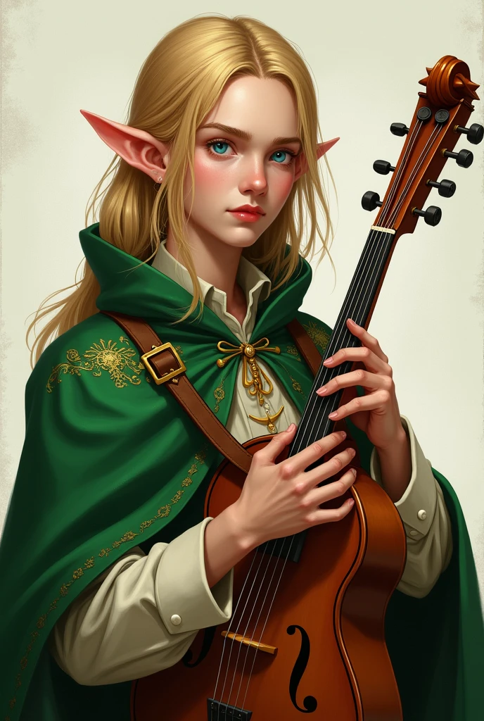 Half elf blonde shoulder length hair with green cape. blue eyes. He has a mandolin