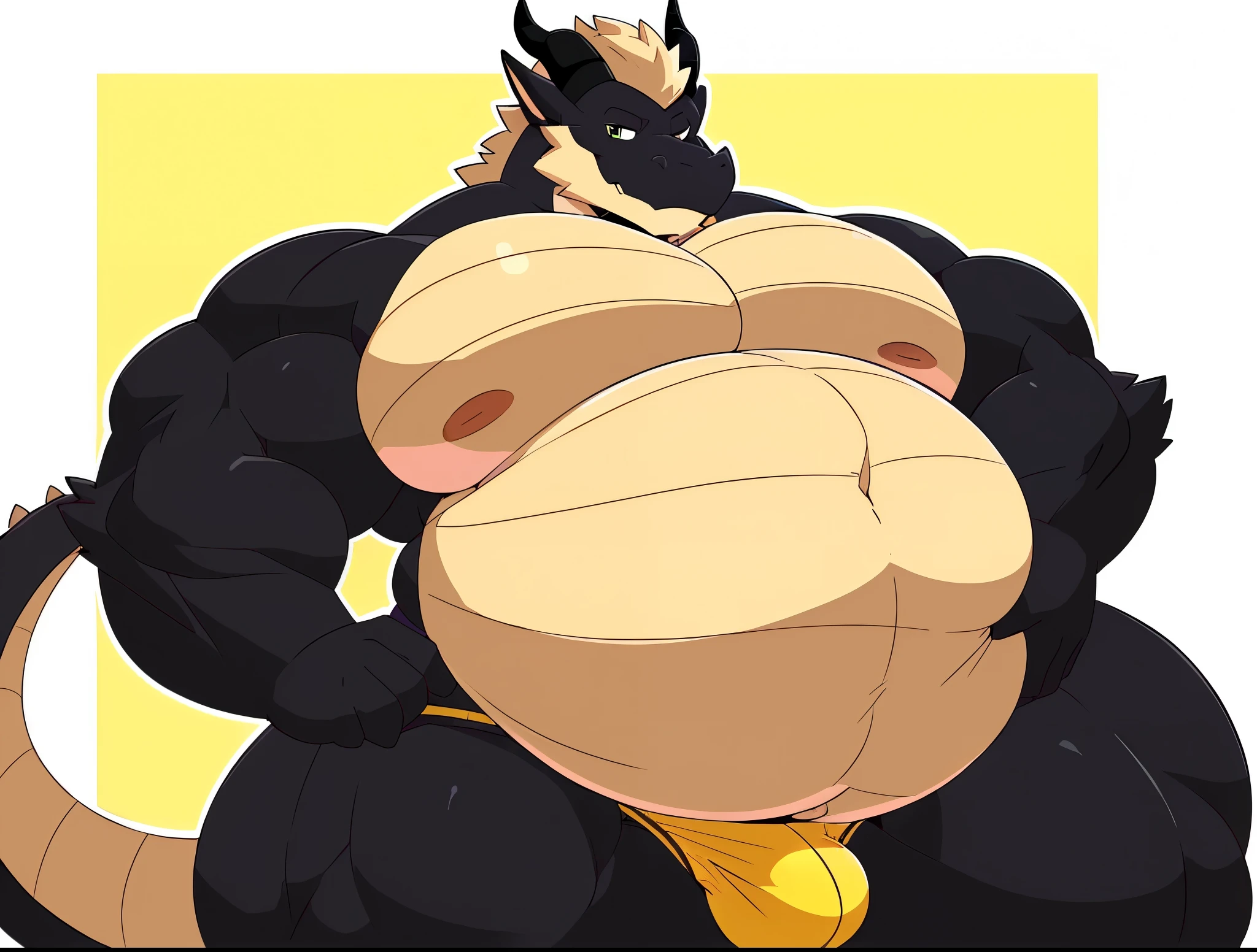 Profile picture of a ((Solo)), 1 boy, daddy, male, very largest, ((bara)), buff, extremely thickened overweight body, ((((4000 pounds)))):4, ((((((massive fluffy belly)))))):3, (((((massive thighs, massive curves, massive pecs, massive biceps))))):3, ((hunky)) ((((black colored dragon)))) with, (((dragon snout))):1.3, wearing and ((beige briefs)), (((bulge, very detailed crotch bulge, bulging, horny))), holding belly, (looking at viewer), cute smirk, posted on e621, posted on FurAffinity