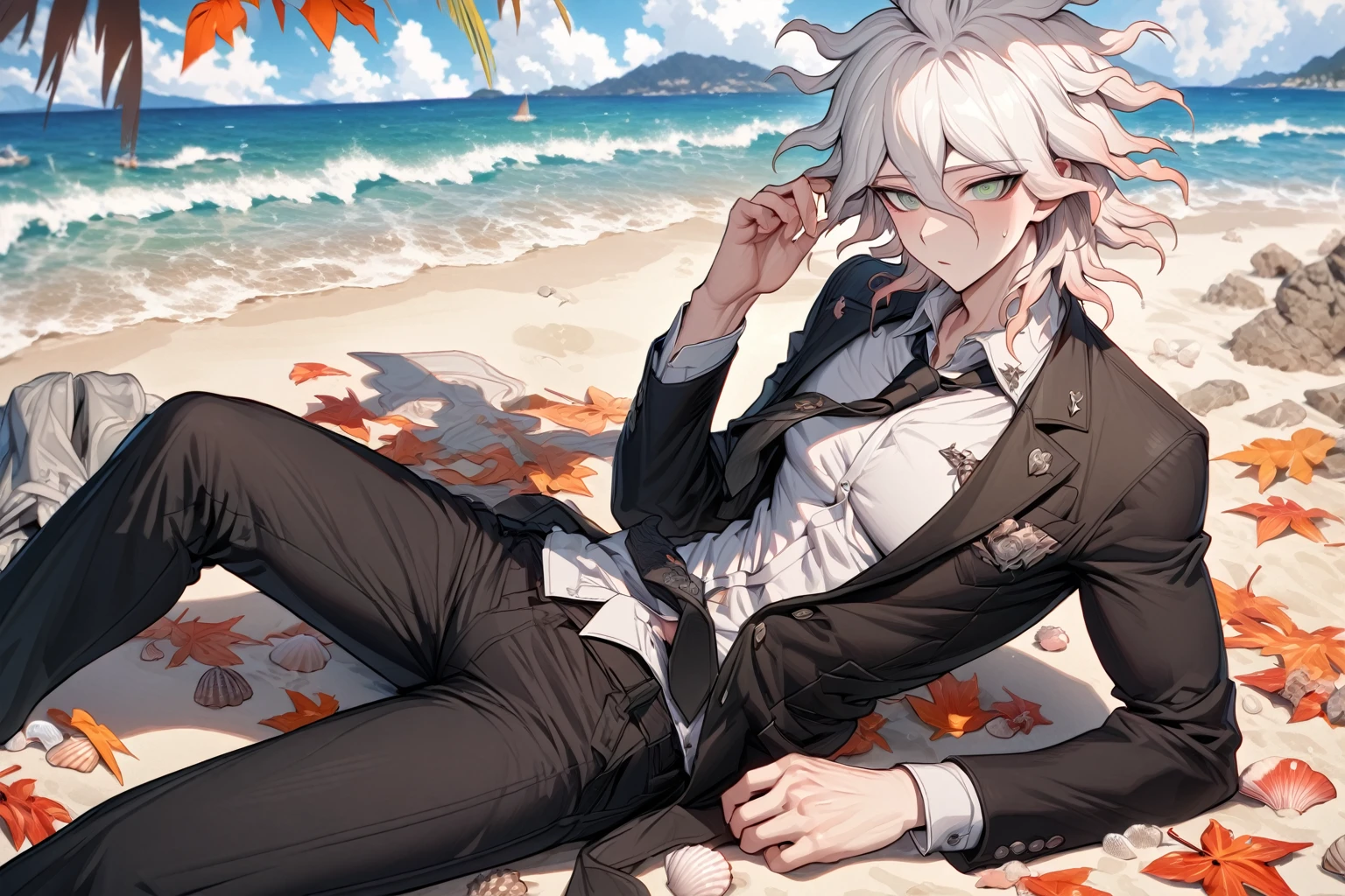 Ultra detailed, Highres, absurdres, HDR, master piece, Komaeda Nagito, white hair, expressive gray-green eyes, Danganronpa, sexy man, solo, black jacket, black necktie, black pants, white shirt, glittering, sensual, fantasy, manly man, horny, beach, sea, sand, orange leaves, seashells