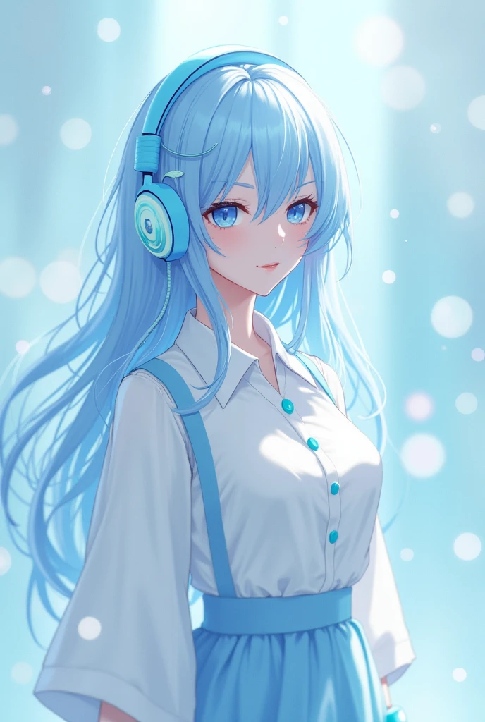 female character,that only the head is noticeable,with light blue hair, light blue and white shirt, with light blue skirt, sky blue and white socks, White skin, sky blue boots, sky blue headphones. 