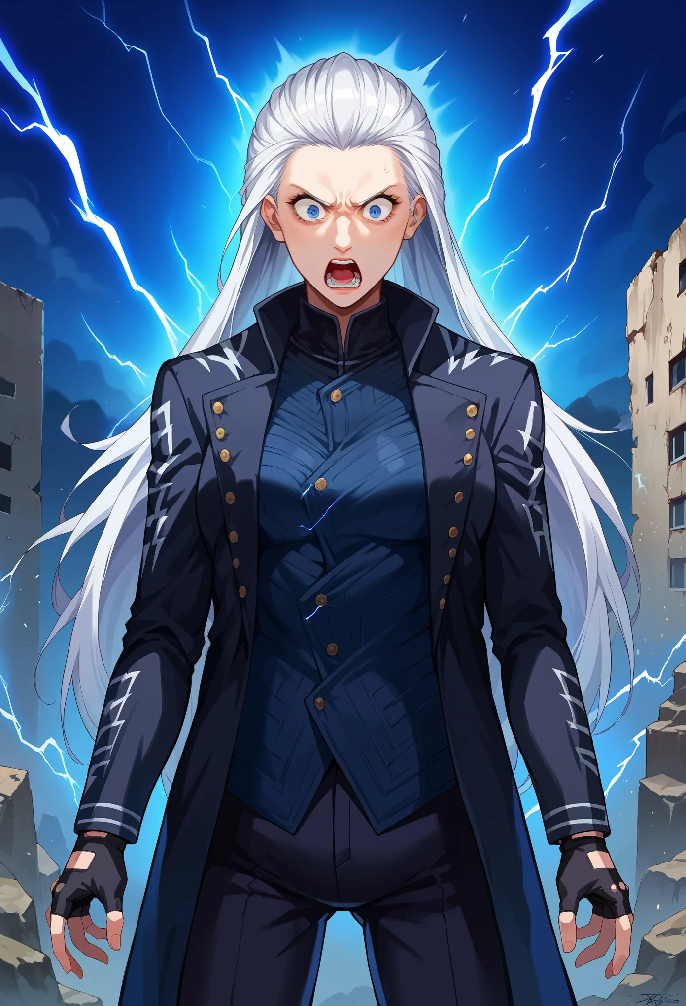 score_9, score_8_up, score_7_up, source_anime, 1girl, solo, female focus, dmc5vergil, white hair, long hair, medium breasts,blue eyes, black coat, fingerless gloves, pants, standing, shocked, face, upset, looking at down, blue aura, lightning, wasteland, gray landscape, desolated, gray plain,