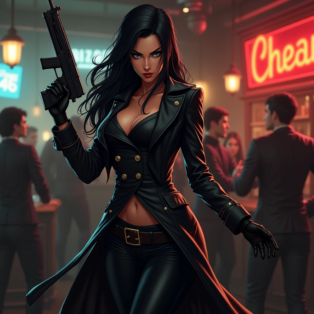 A beautiful woman with mesmerizing blue eyes, long, straight, jet-black hair, which is in a ponytail, she is very beautiful, Wide hips, She wears tight black leather pants with a tight black leather double-breasted jacket, She has a machine gun in her hand which has black leather gloves. is in a bar full of men. With an intimidating and strong gaze, a gaze full of power, in a combat pose. megan fox. animated art