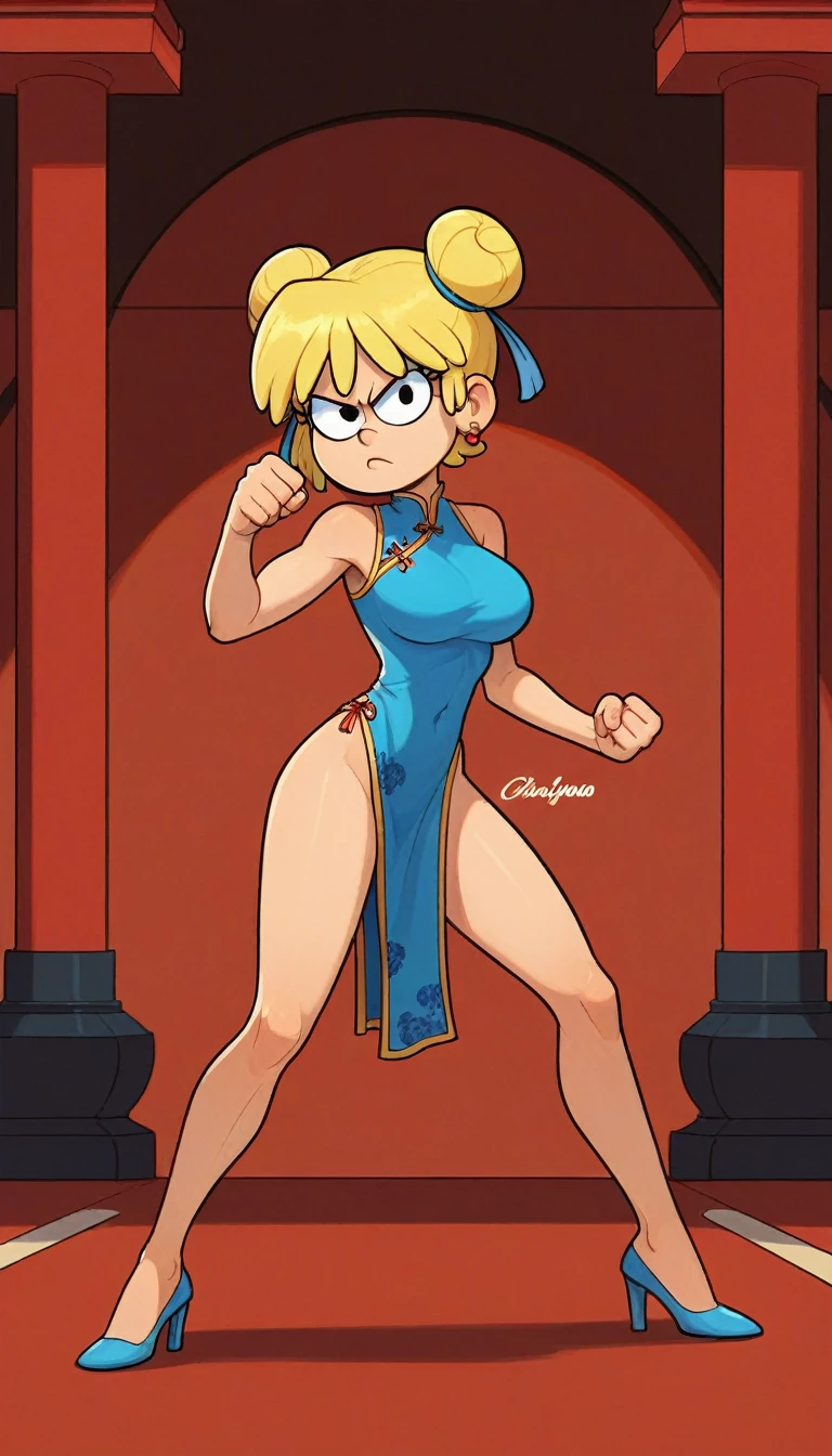 lori loud, 1girl, solo, 24yo girl, blue cheongsam,  inside of a chinese style temple, large breasts, looking at viewer, blonde hair, short hair, two hair buns , hands  score_9, score_8_up, score_7_up, high heels,teep fighting stance,martial arts