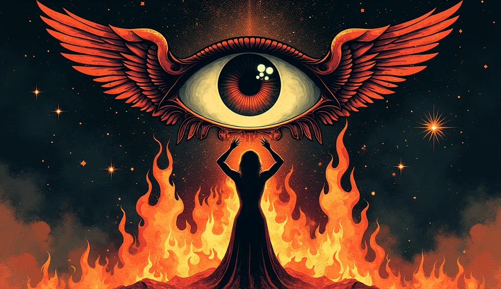 dark art illustration of an eye in the middle with wings, a symmetrical composition, in the style of a retro poster with halftone dots and a vintage feel, by Kazumasa Nagai. A woman is holding her hands above her head, engulfed in flames, rendered in black ink. The background features celestial elements such as stars or galaxies, rendered in a dark color palette.