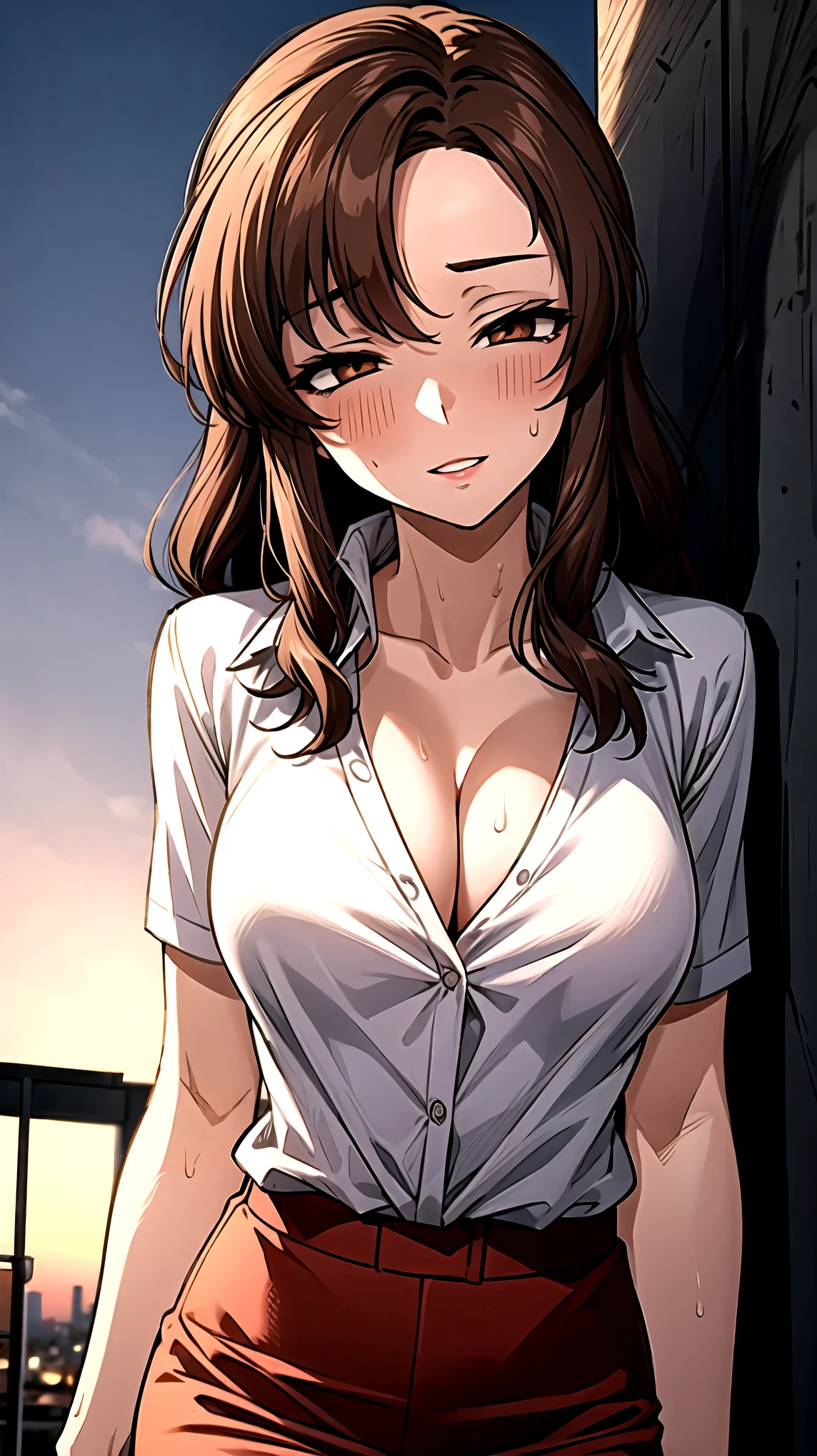 ((super high quality,Ultra-high resolution,16K,super masterpiece,Ultra HD ,Detailed shading,))On top of a hill lit by the setting sun,Sexy Mature,((A pink shirt with a tight standing collar,Cleavage,)),Red pencil skirt,Looking into the camera,Brown medium long hair,Ahegao,blush,Thick lips,Sweaty,