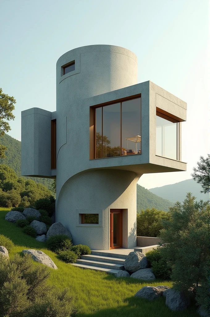 House whose shape contains a cylinder, rectangle and squares