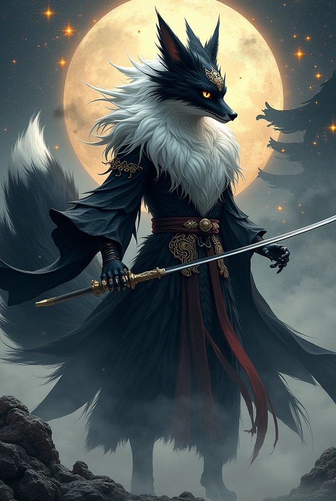 Profile of a fierce Japanese fox, imposing with royal features and frightening black and white