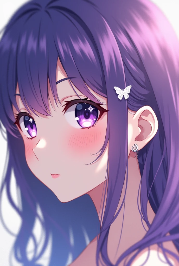 Anime girl with hair purple
show a small piercing un the ear with form of butterfly hélix so shine and white of 5 mm (so small) in the ear