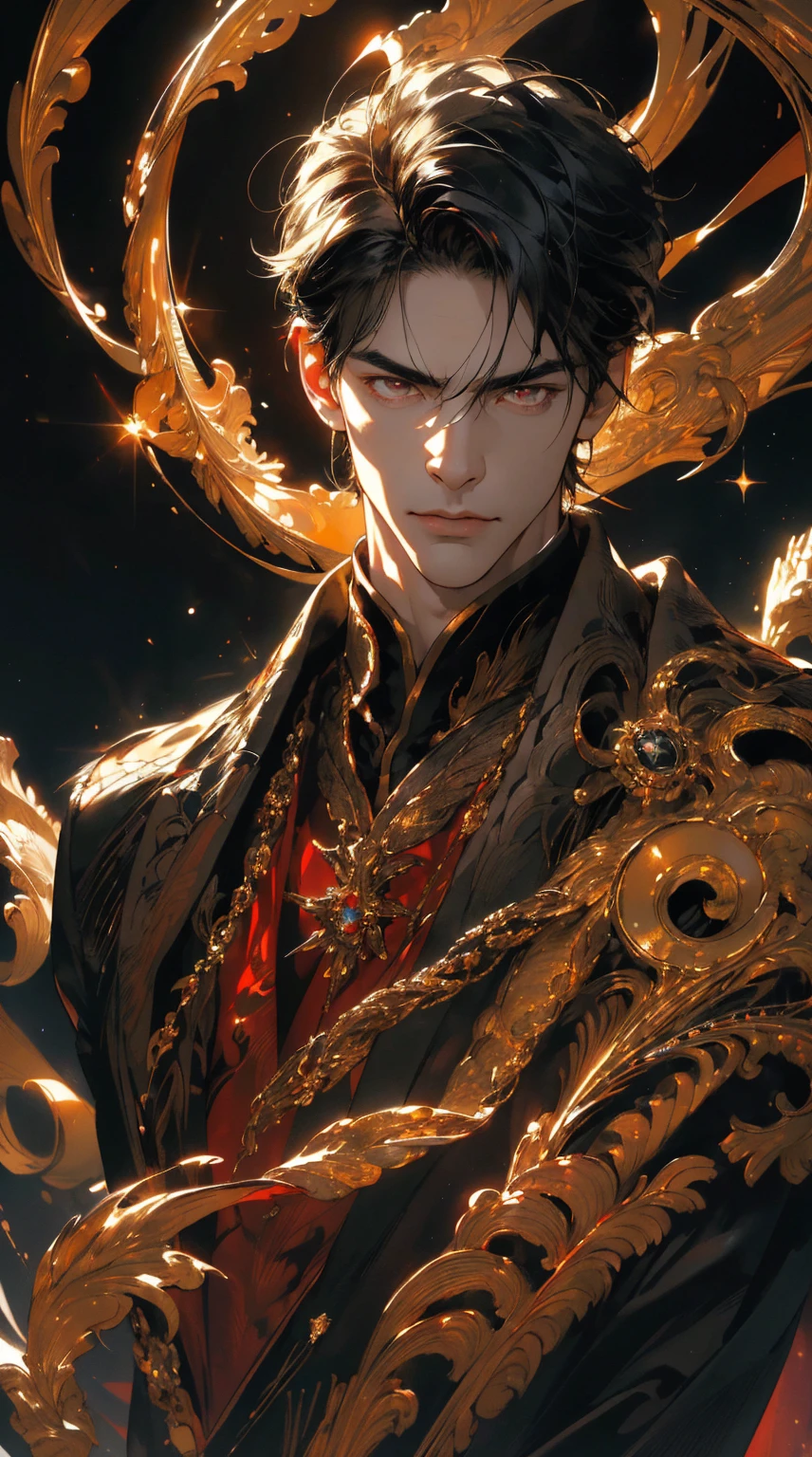 {(best quality, 8k, masterpiece, HDR, soft lighting, perfect image, digital illustration, manhwa art, hyper detailed image, perfect lines, realistic)} 1 very handsome man, short straight black hair with bangs covering his forehead, bright red eyes, clothes luxurious, black king clothing, regal, (imposing posture, cold expression), {(black background with golden sparkles)}