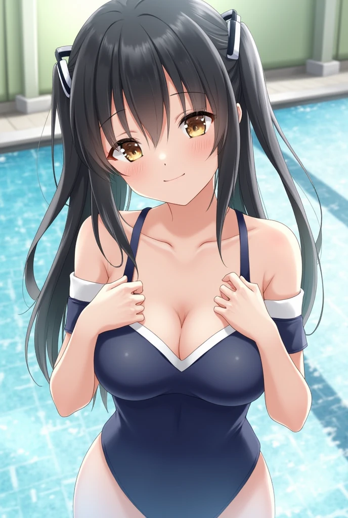 cute, girls, elementary school students, black hair, twin tails, dark blue school swimsuit, medium bust, smile, shiny skin, exposing breasts, nipple, show breasts, erotic, horny, semi-nude